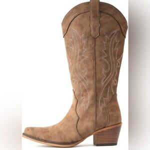 IUV Western Cowgirl Boot with Chunky Heel Mid Calf Snip Toe Ideal for low instep